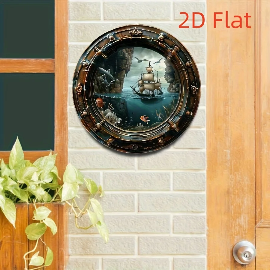 2D Flat, Vintage Nautical Aluminum Porthole Wall Art - 2D Flat Marine-Themed Decor with Ship, Coral & Fish Design, Easy to Hang