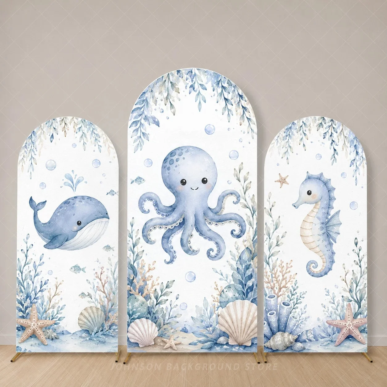 Blue Ocean Animals Arch Cover Backdrop Set Whale Octopus Seahorse Under the Sea Birthday Baby Boy Party background