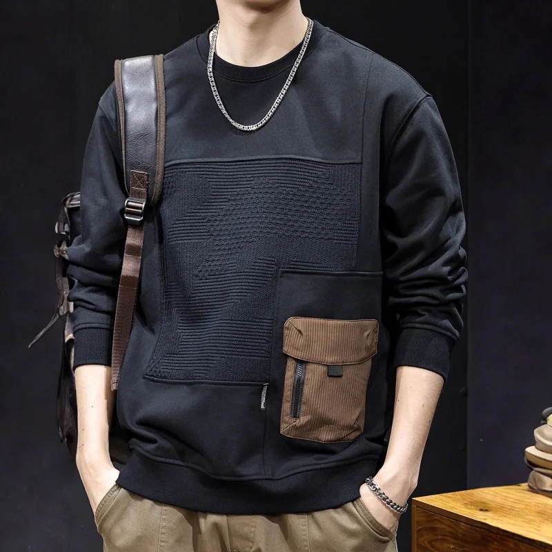 Stitched Patch Pocket Sweatshirt for Men 2025 New Heavyweight Trendy Brand Long-sleeved Black Clothes Autumn Winter