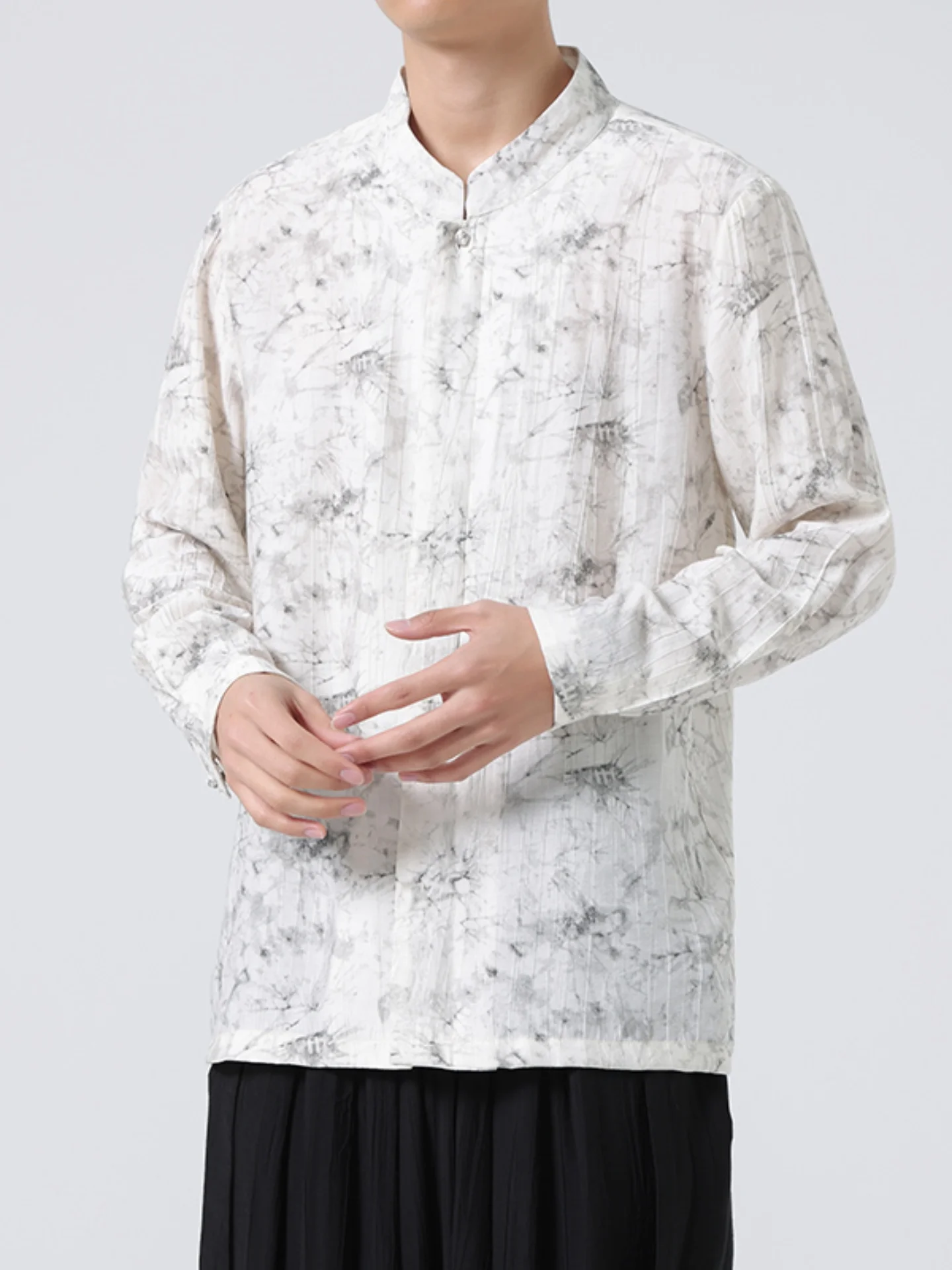 

New Chinese Style Men's Long Sleeve Shirt Water-Media Print Retro Button up Topcoat Autumn Outerwear Reformed Tang Han Costume