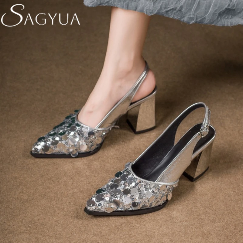 

Bling Women High Heels Sandals Elegant Pointed Toe Chunky Shoes 2025 New Designer Summer Slippers Luxury Party Woman Pumps Mujer