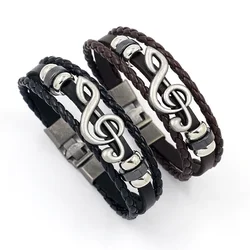Alloy Musical Note Design Multilayer Handmade Wove Leather Bracelet Vintage Men Rocker Fashion Hand Chian Jewelry Accessory Gift