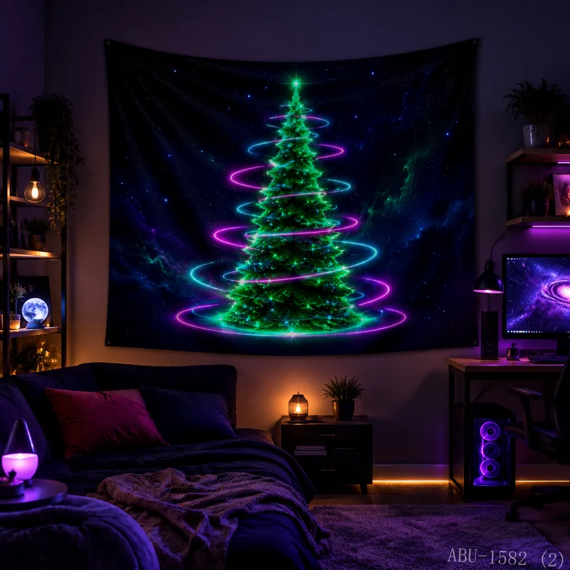 VIKAMA Magic Flowing Light Christmas Tree Forest Starry Sky Christmas Tapestry Background Hanging Cloth Living Room Room Decor