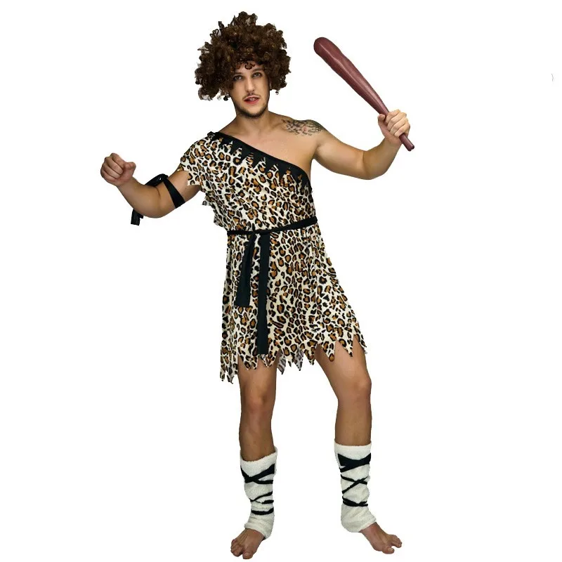 Leopard Print Men Caveman Cosplay Adult Halloween Primitive Costumes Carnival Purim Parade Stage Role Play Show Bar Party Dress