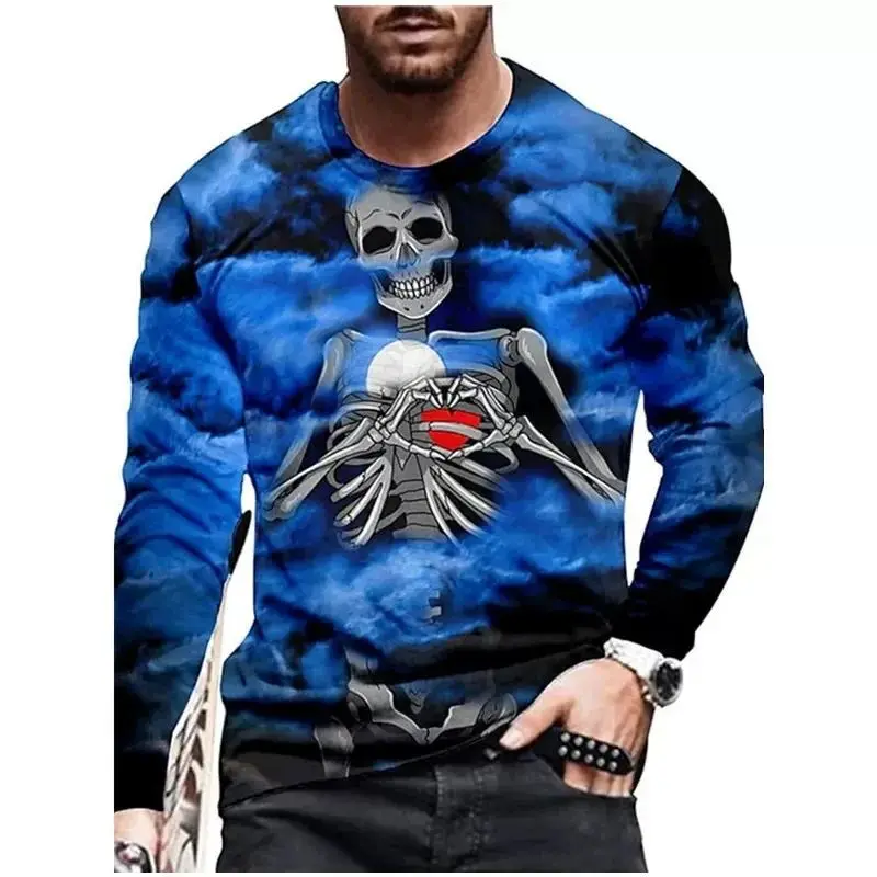 Men Spring And Autumn Each Individual Horror Skull Pattern 3d Printed O-Collar Long Sleeve Loose Vintage Printed T-Shirt Top