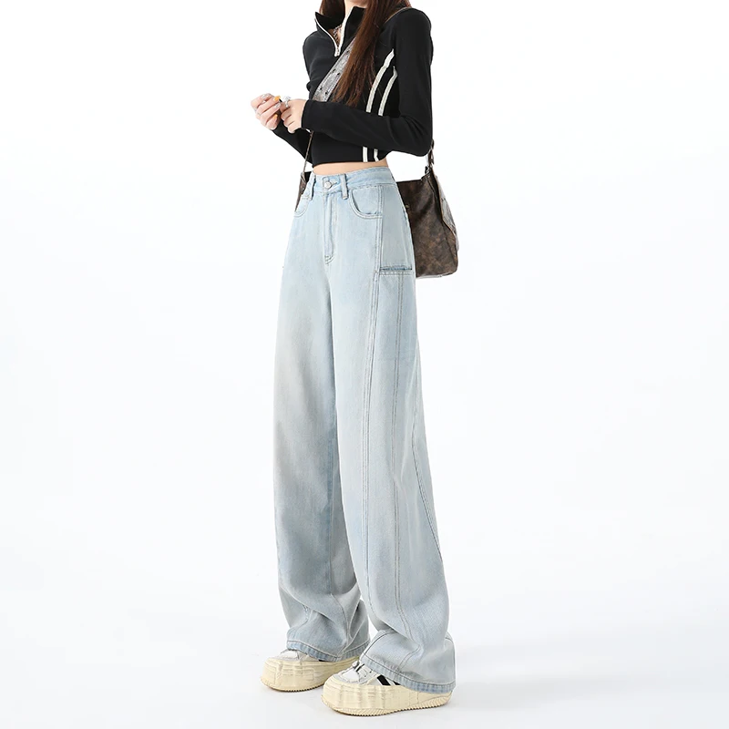 

Новинка осени 2025: женские джинсы с высокой талией и широкими штанинами, с оригинальными карманами, стройнящие, прямые, свободные, в пол.