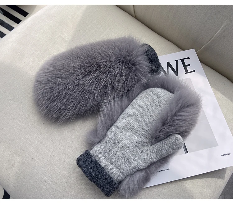 Real Fox Fur Gloves Knitted Women Mittens Winter Girls Fashion Fluffy Warm 100% Real Fox Fur Gloves
