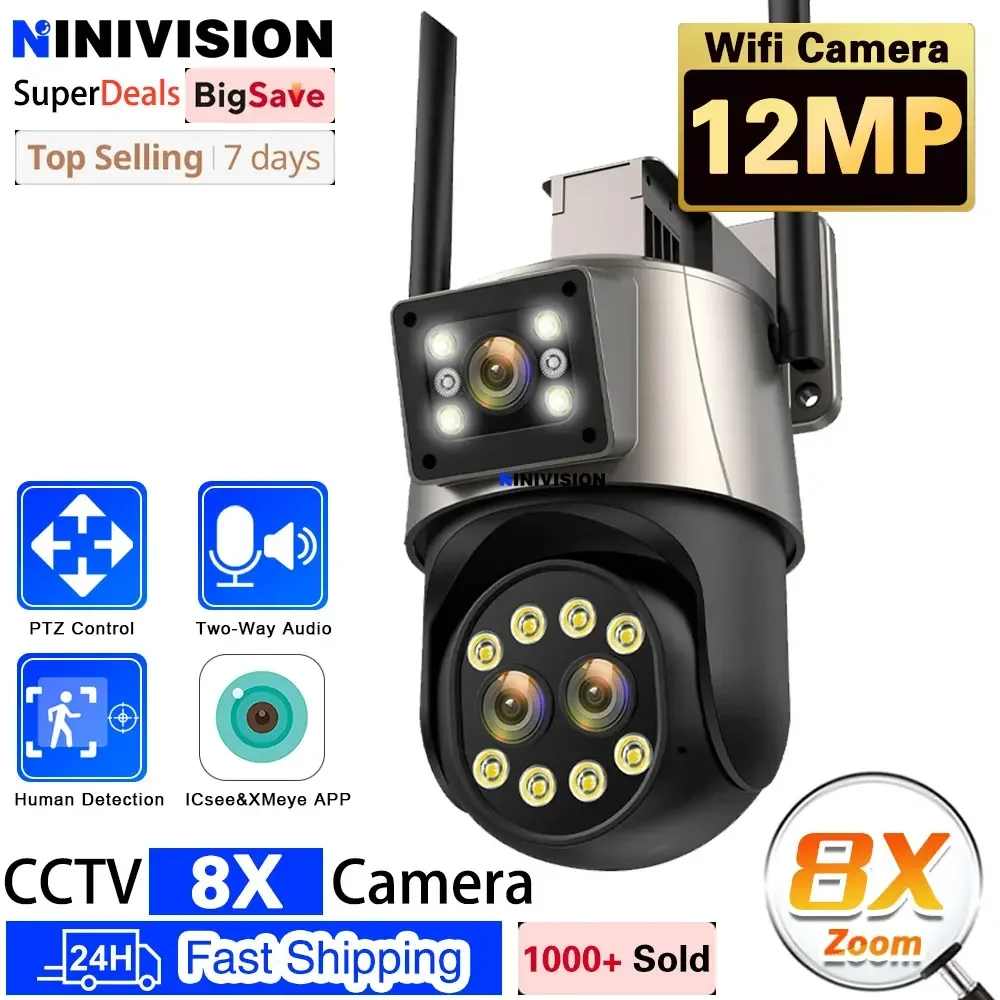 6K 12MP WiFi Outdoor Camera 8X Zoom Three Len Ai Motion Tracking PTZ 4K Video Camera Security Protection Waterproof Surveillance