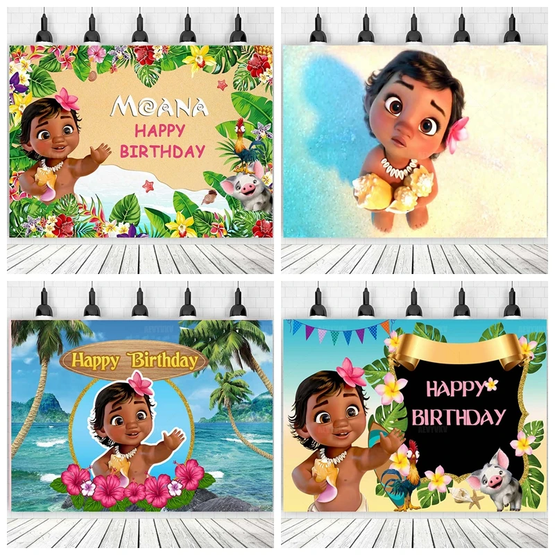 

Disney Baby Moana Children's Birthday Party Summer Hawaiian Beach Palm Trees Blue Ocean Photo Baby Shower Decoration Background