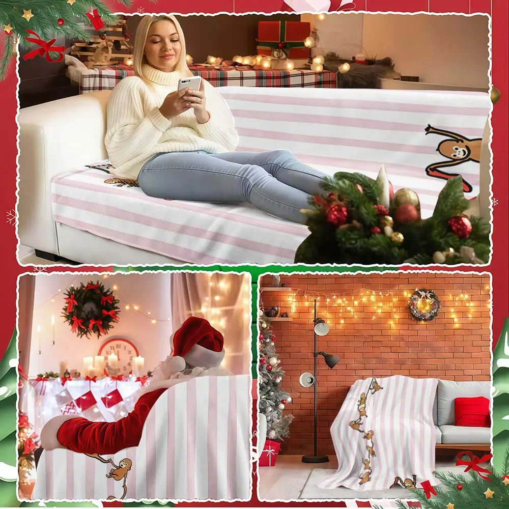Monkey Pink Stripe Winter Summer Flannel Blanket Throw Fleece Soft Fuzzy Plush Cozy Fleece Blankets for Sofa Ideal Gifts