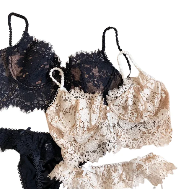 

2 Styles,Ultra-thin +Thin Cotton,French Transparent Lace Back Steel Ring Push Up Women Sexy Lingerie Suits Long Button BraKUCLUT