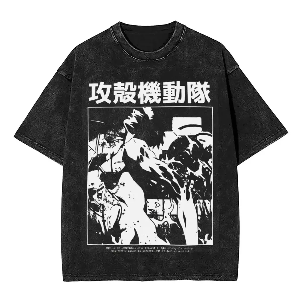 Ghost in The Shell T-shirt Vintage Washed Cyberpunk Anime Graphic Unisex Oversized Streetwear Cotton Tee Clothing Tops Hot Sale