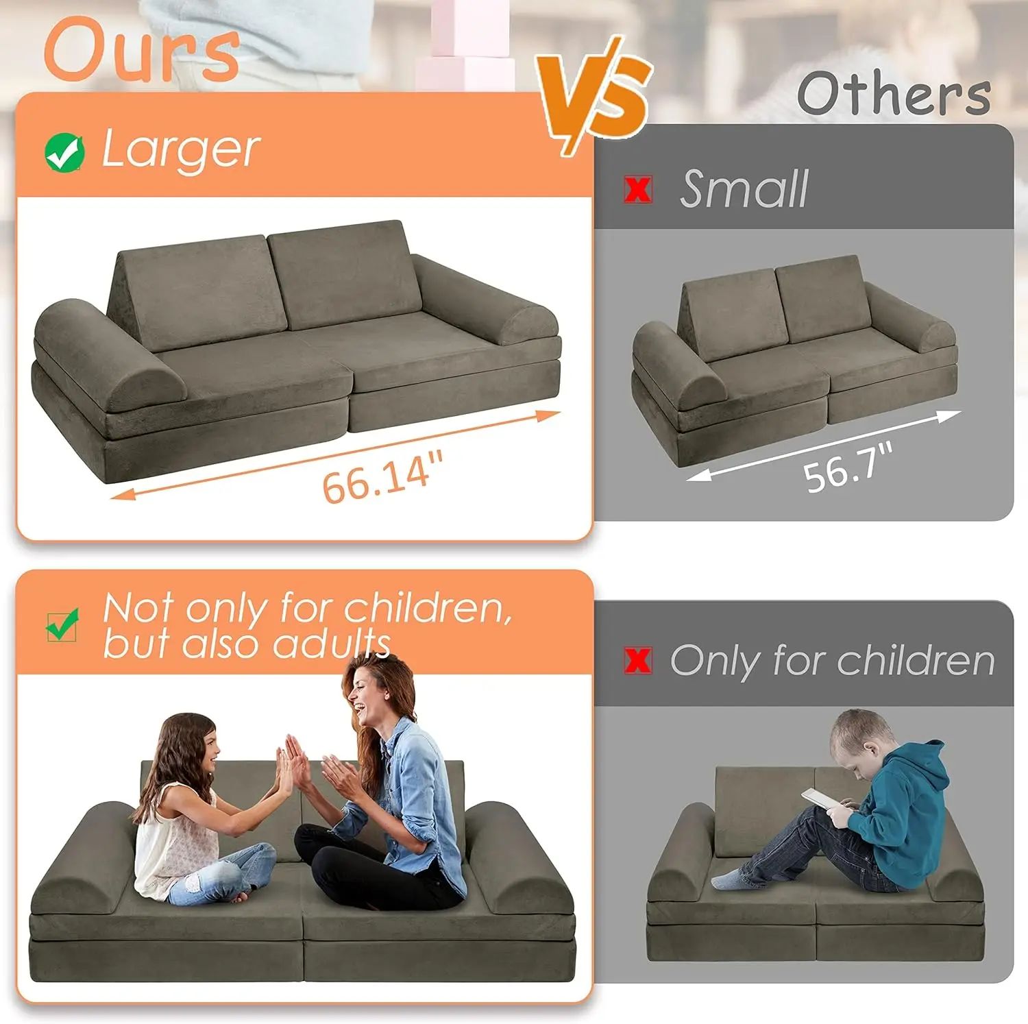 أريكة لعب معيارية كبيرة للأطفال، وسادة فورست إسفنجية، منزل دافئ باللون الرمادي الفحمي