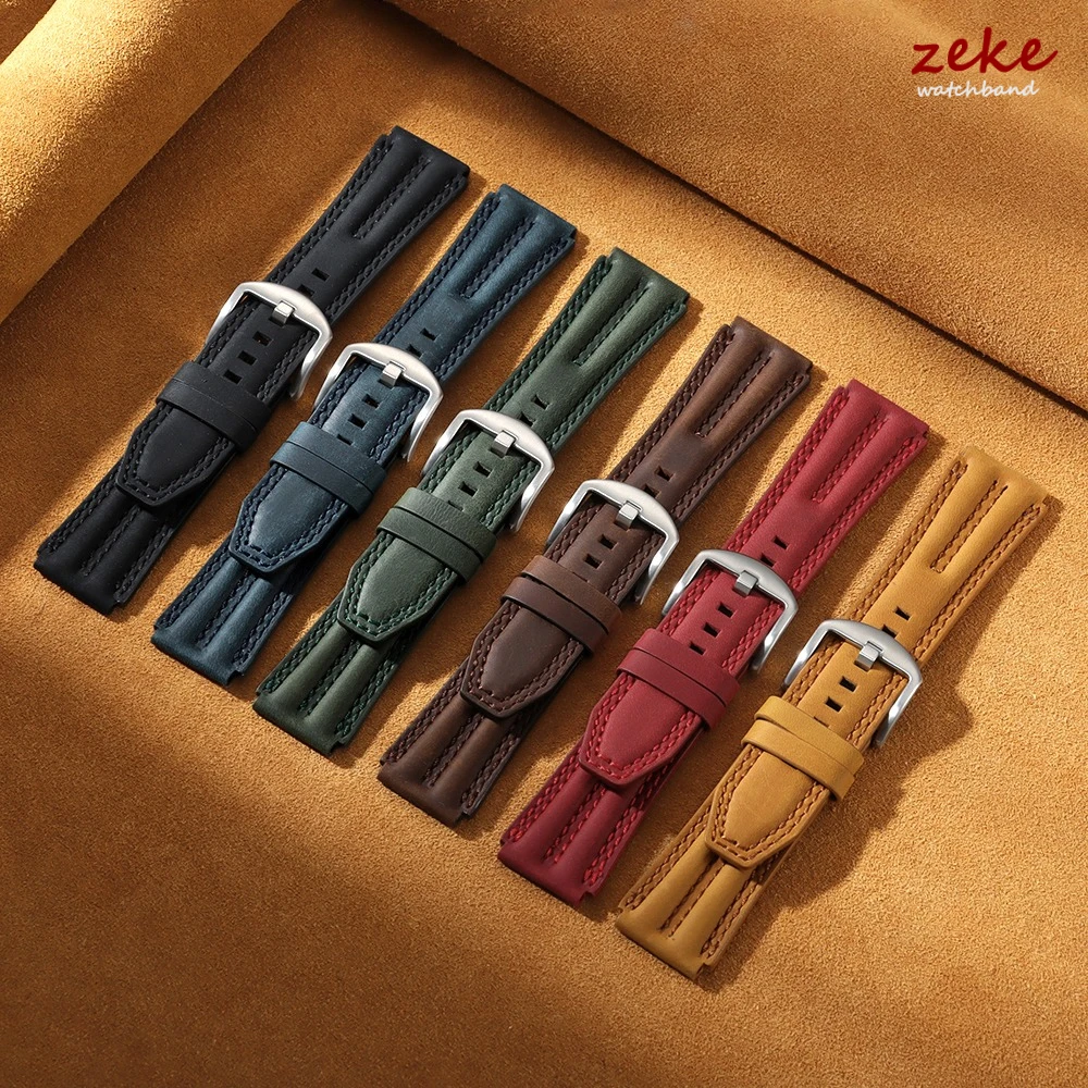 Vintage Genuine Leather Watch Band 22mm for Seiko for Omega Cowhide Rugged Double Bone Strap Men's Black Business Sport Bracelet