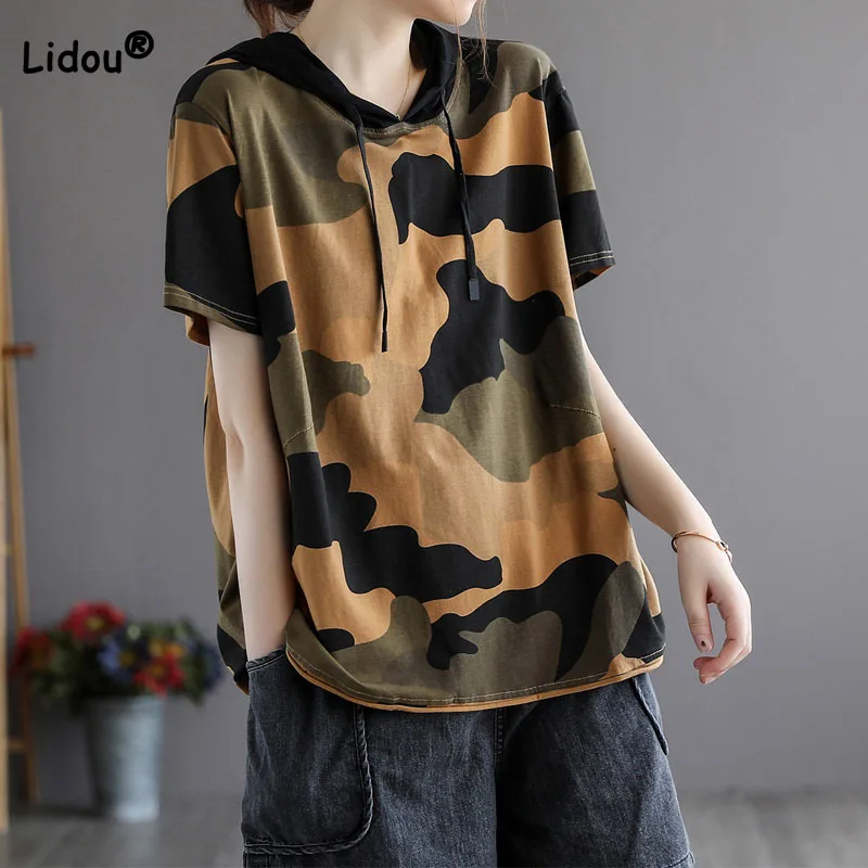 

Summer New Vintage Camouflage Printed Hooded Tops Women's Clothing Loose Fashion Short Sleeve Thin Sweatshirts for Female