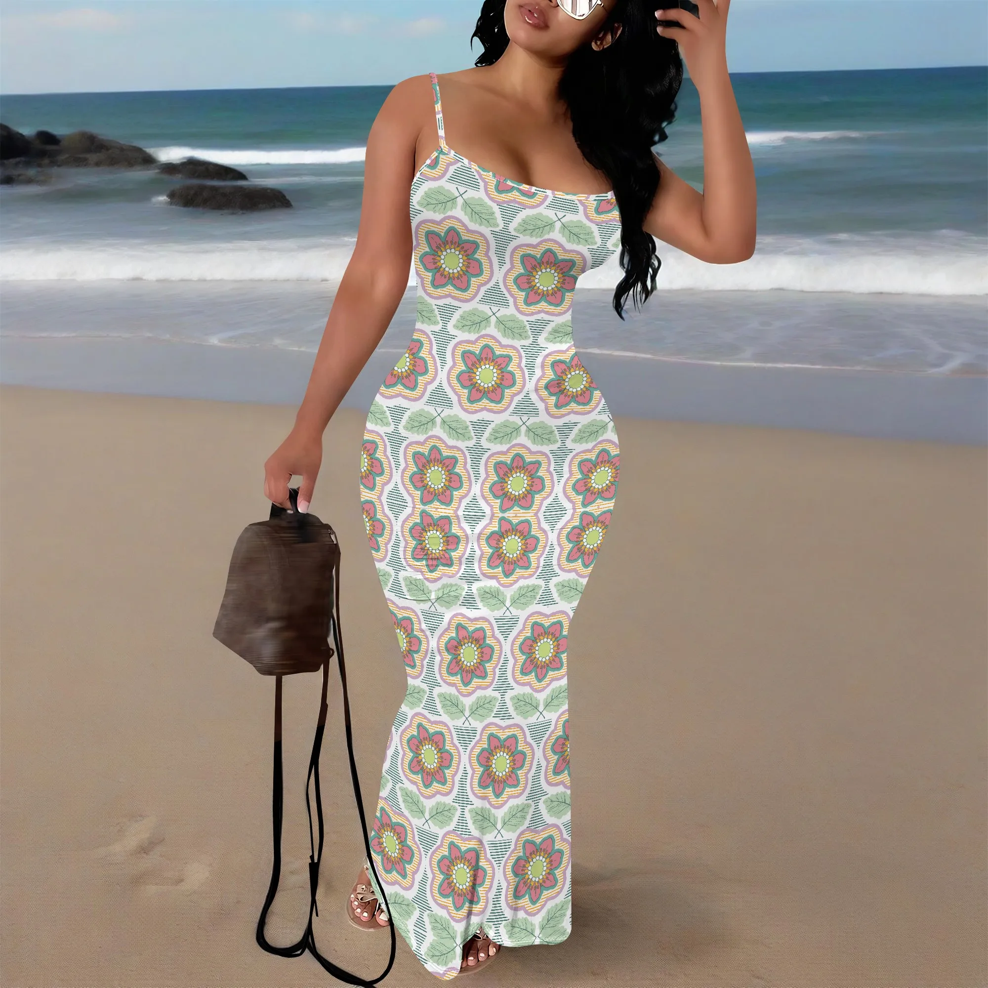 

Women's Floral Maxi Dress Boho Spaghetti Strap V-Neck Slim Fit Dress for Beach Vacation Wear XS-3XL