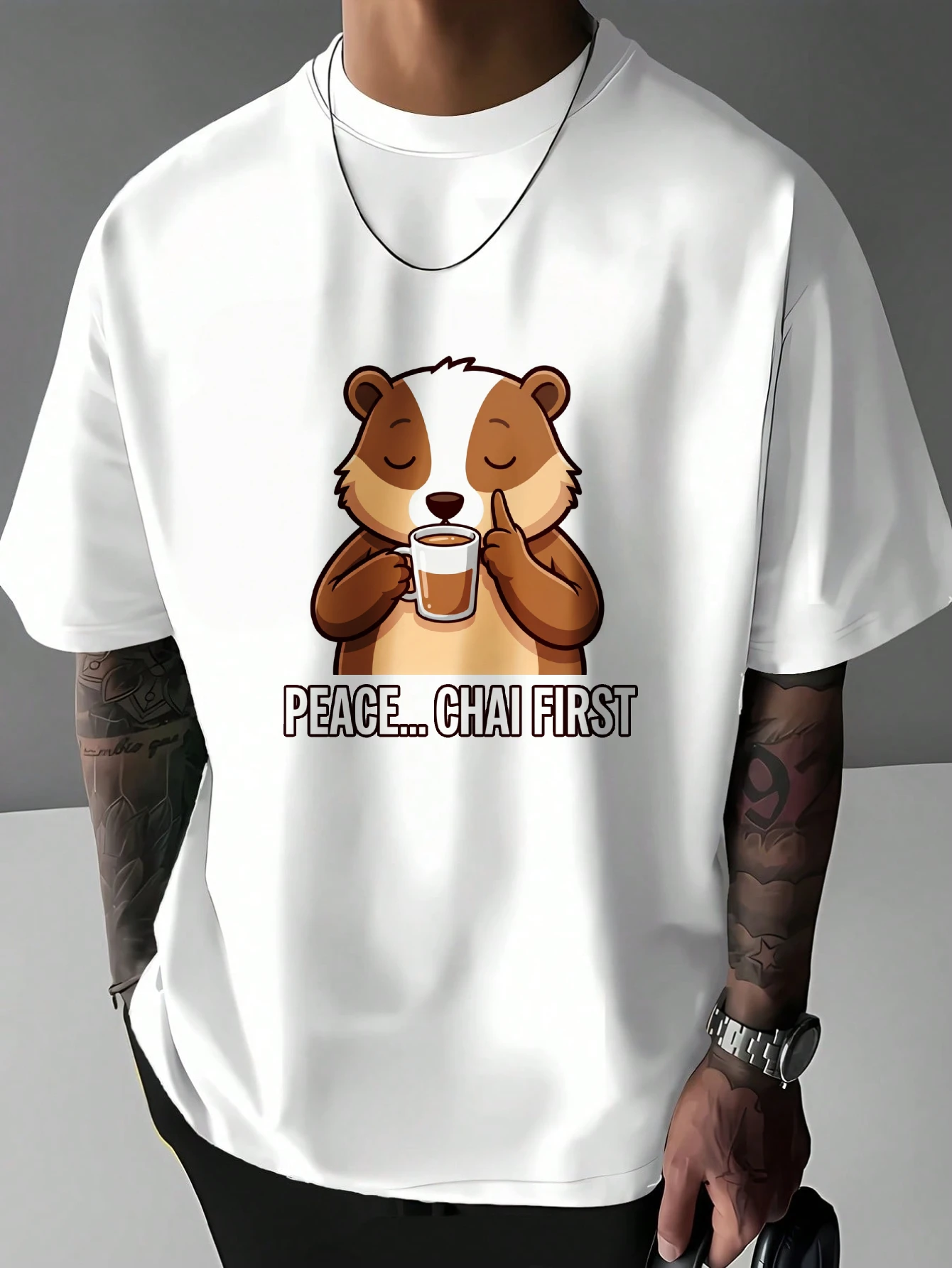 Mens Cute Chai Badger Graphic T Shirt Peace Chai First Cartoon Animal Print Short Sleeve Crew Neck Casual Cotton Male Daily Tee