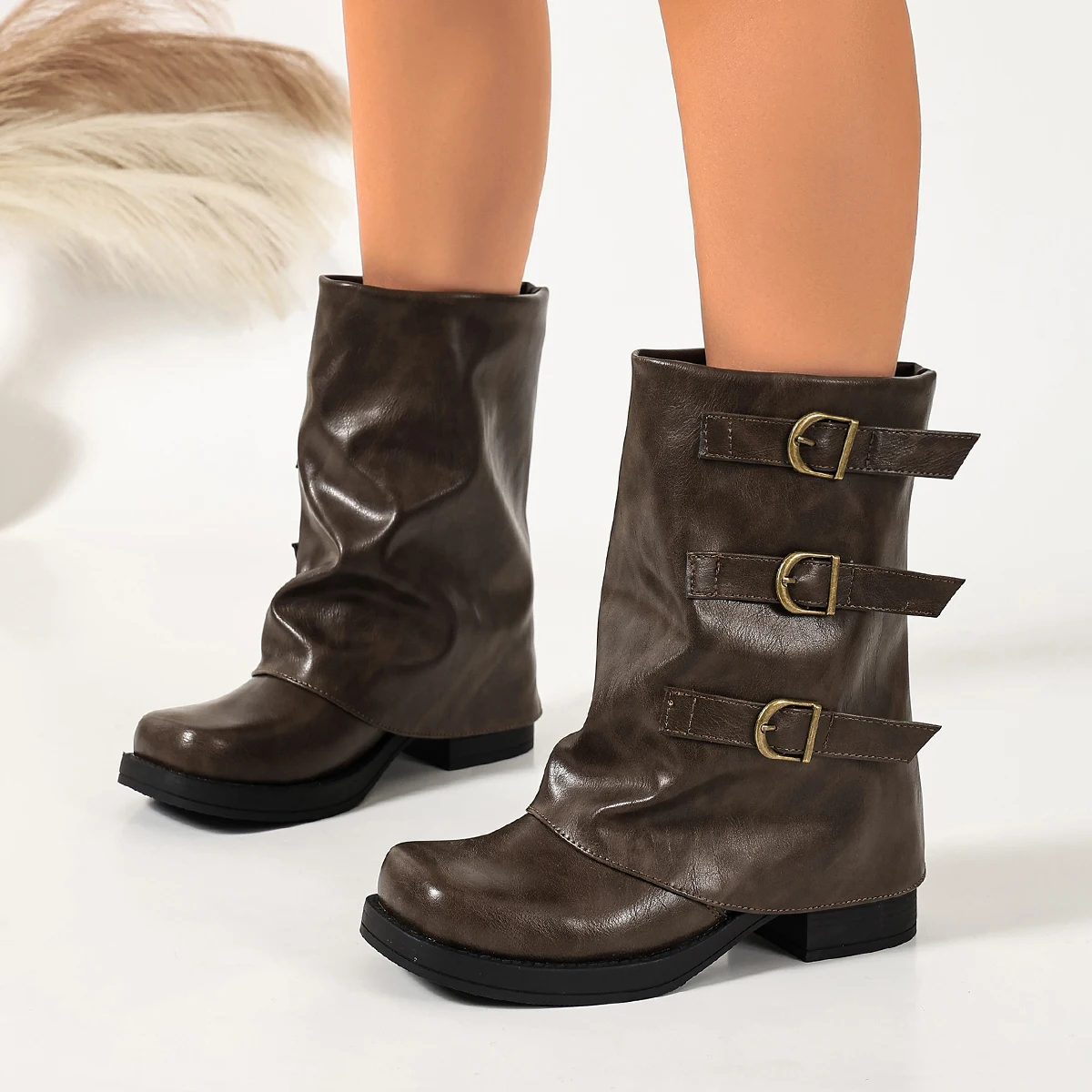 Vintage Distressed Booties for Women, Autumn and Winter, Three-Buckle Strap, Ruched Short Boots, Square Toe, Low Heel, Thick Sole, Western Style, Pleated Short Boots