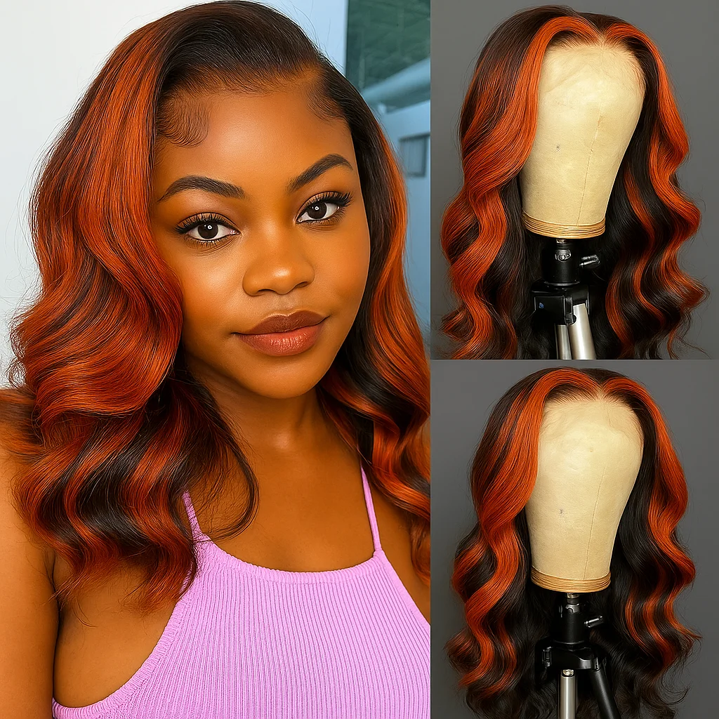 # Peruka typu bob z krótkimi włosami, falowane, z przedziałkiem z przodu, wykonana z ludzkich włosów, ombre balayage, bez kleju, 13x4, w kolorze ginger brown highlight, dla czarnoskórych kobiet.