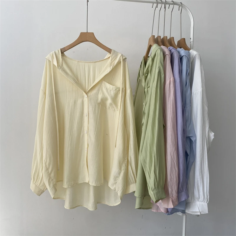 Koreaanse geplooide stof dames zomer casual lichtgewicht airconditioning zonwering irt jas lange Sve capuchon halflange lengte