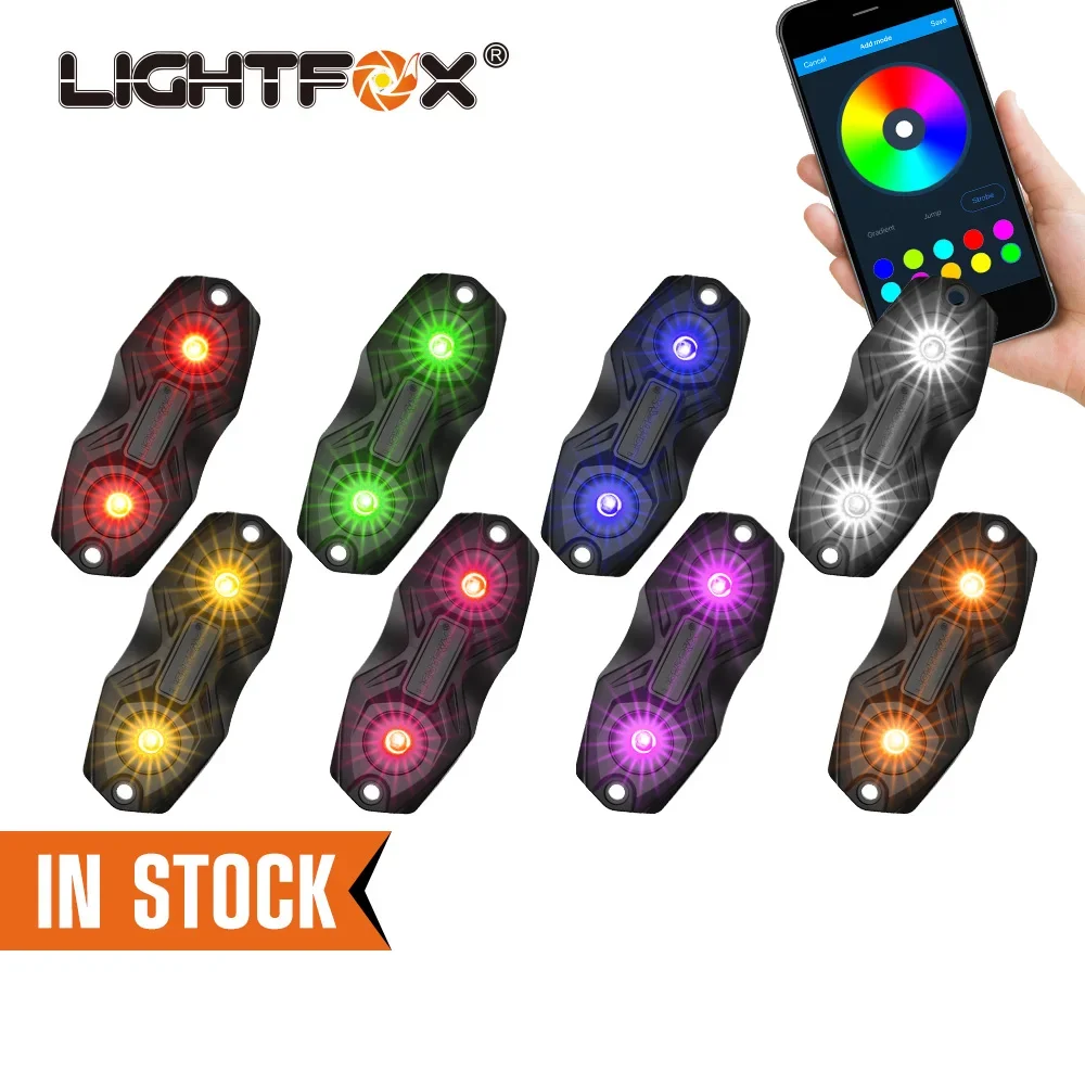 LIGHTFOX 8 Pods 4x4 Off Road MultiColor Waterproof APP Control Music Mode Underglow LED RGBW Rock Lights for Trucks Car ATV UTV