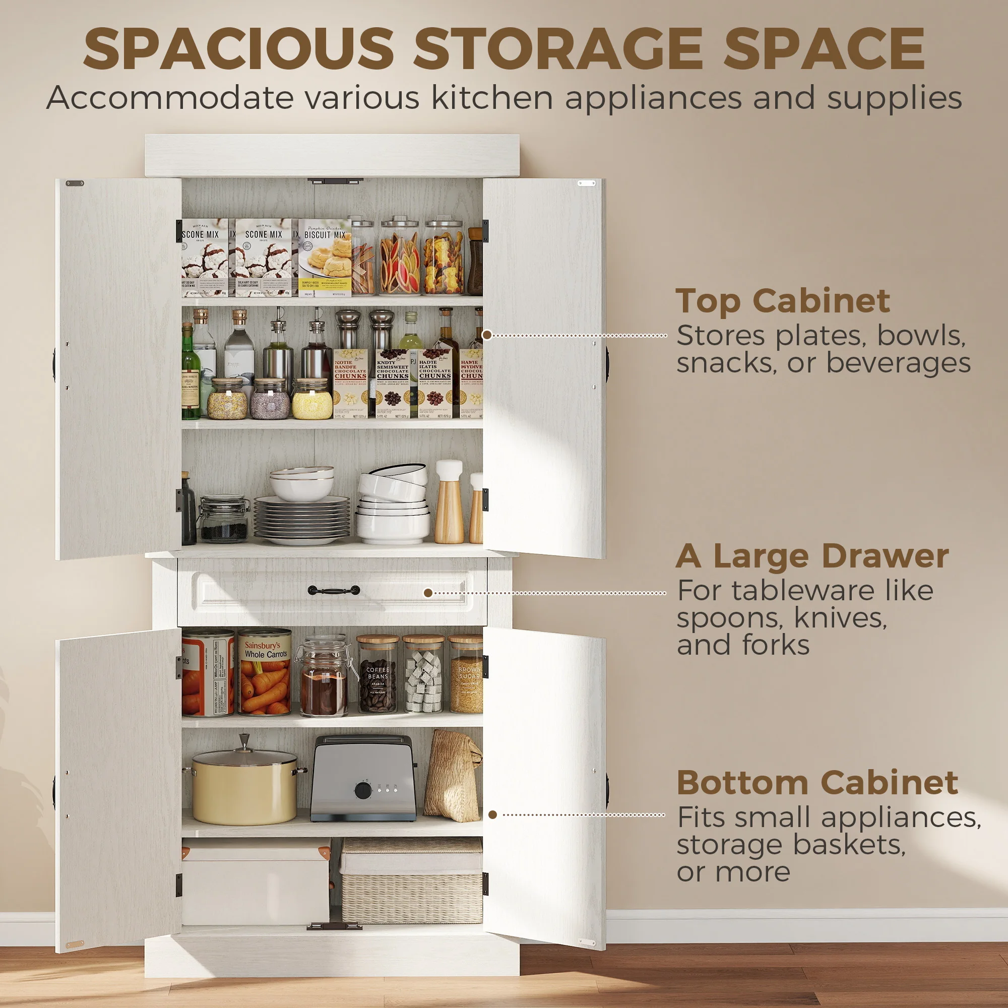 HOMCOM 180cm Kitchen Pantry Storage Cabinet Server Food Organizer, White