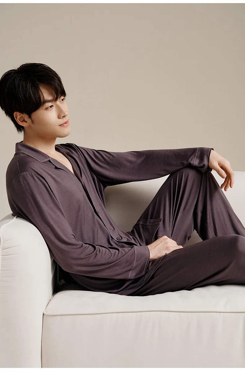 BirdTree 100%Mulberry Silk Pajamas Set For Men, Long Sleeve Top Pants, Fashion Casual Knit Homewear, 2024 Summer Autumn S48253QC