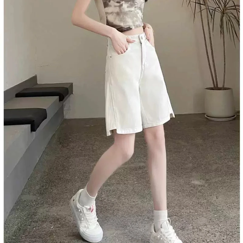 Versatile China Chic Embroidery White Loose Straight Five-point Jeans Women's Summer Slim Split Design Loose Wide Leg Pants
