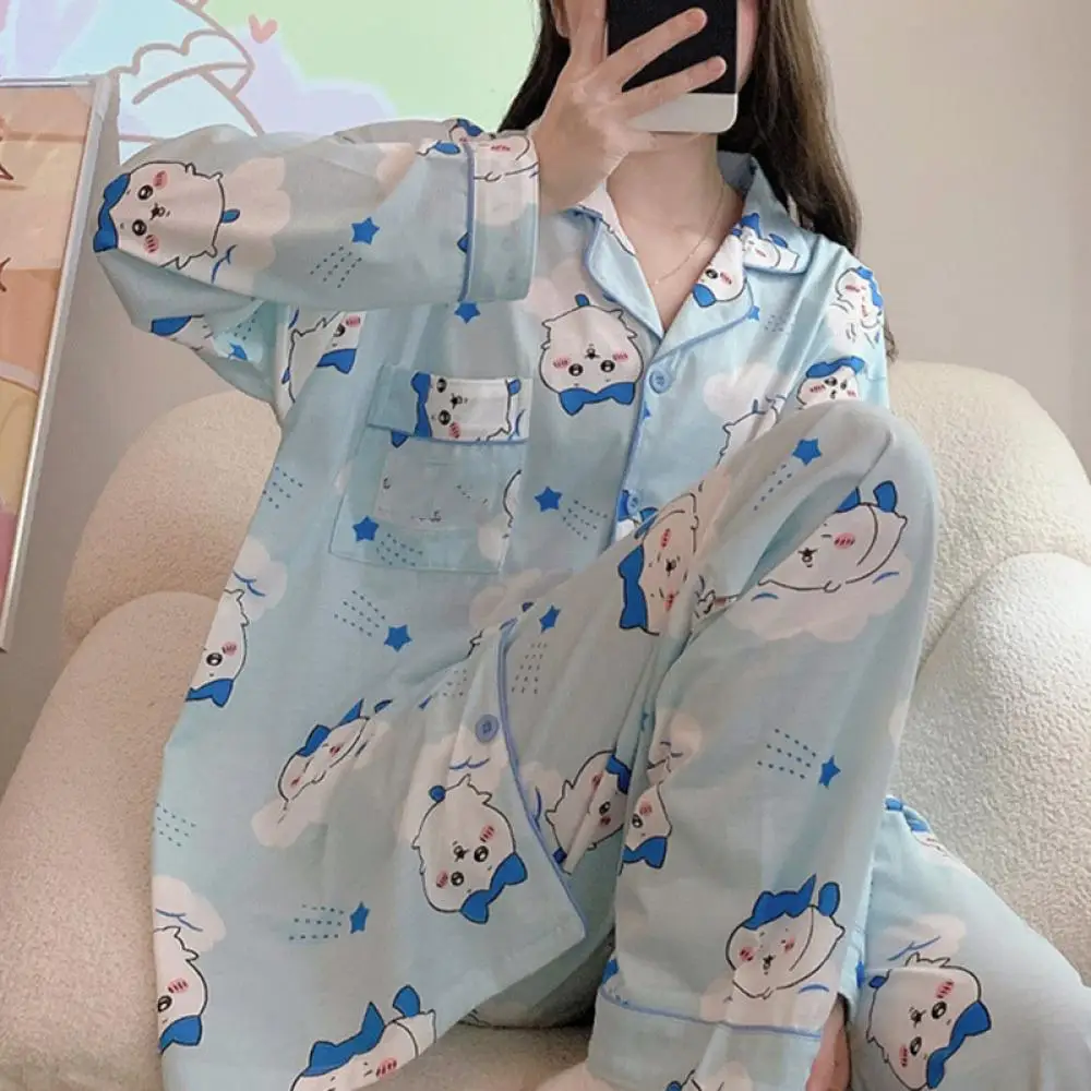 Traje de pijama Kawaii para mujer Chiikawa dibujos animados Usagi algodón otoño Casual niñas ropa de casa Anime lindo pantalones de manga larga ropa de dormir