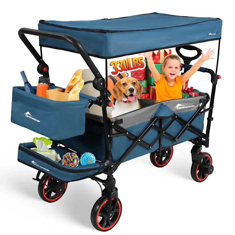

Canopy Wagon,Large Capacity Trolley, Foldable Portable Cart with Canopy, Adjustable Push Pull Handle, ShockAbsorbing Wheels, Su