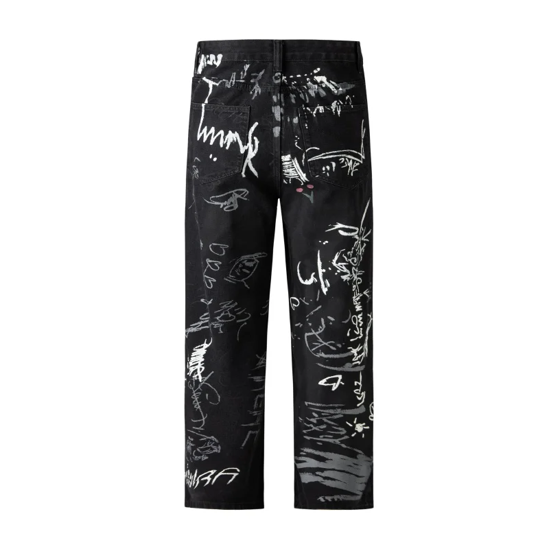 2024New Hip Hop American Street Inkjet Graffiti Printing Jeans Men's High Street Special-Interest Design Loose Straight Trousers
