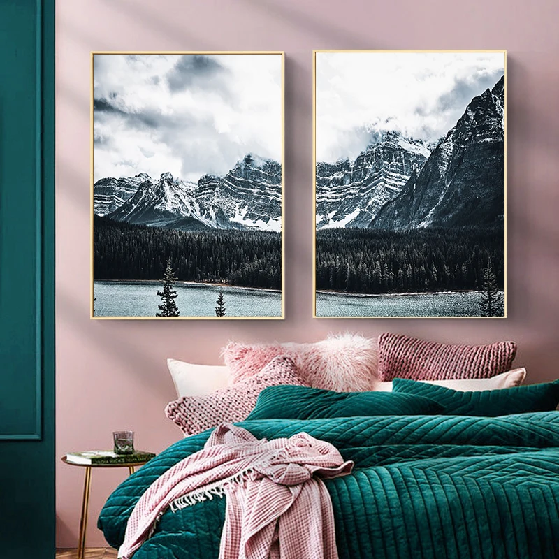

2pcs/Set Simple Posters Wall Decorations Featuring Snow-capped Mountains Forests Modern Living Room Room Home Decoration Prints