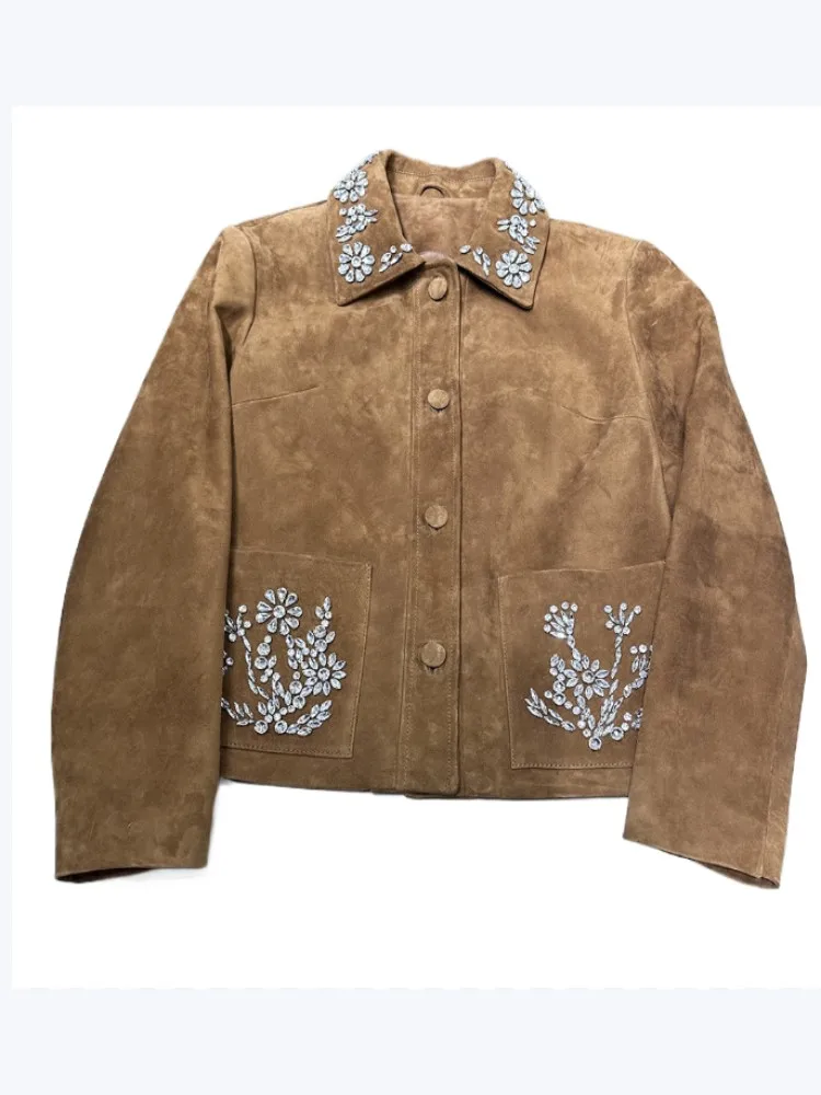 Luxury Women Sheep Suede Jacket Single Breasted Diamonds Genuine Leather Jackets Turndown Collar Outerwear Female Sheepskin Coat