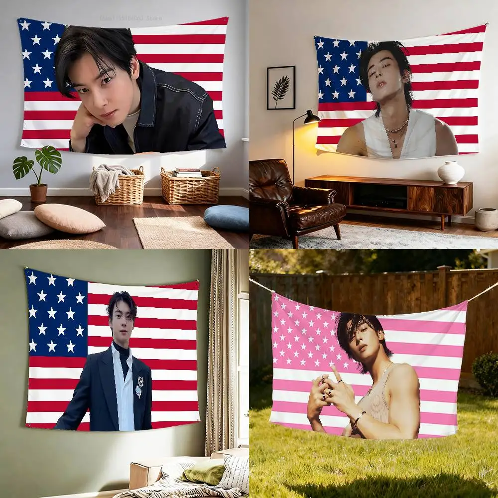 

C-Cha E-Eun W-Woo Pink American Flag Tapestry Banner For Bedroom Outdoor Living Room Restaurant Bar Wall Decor Party