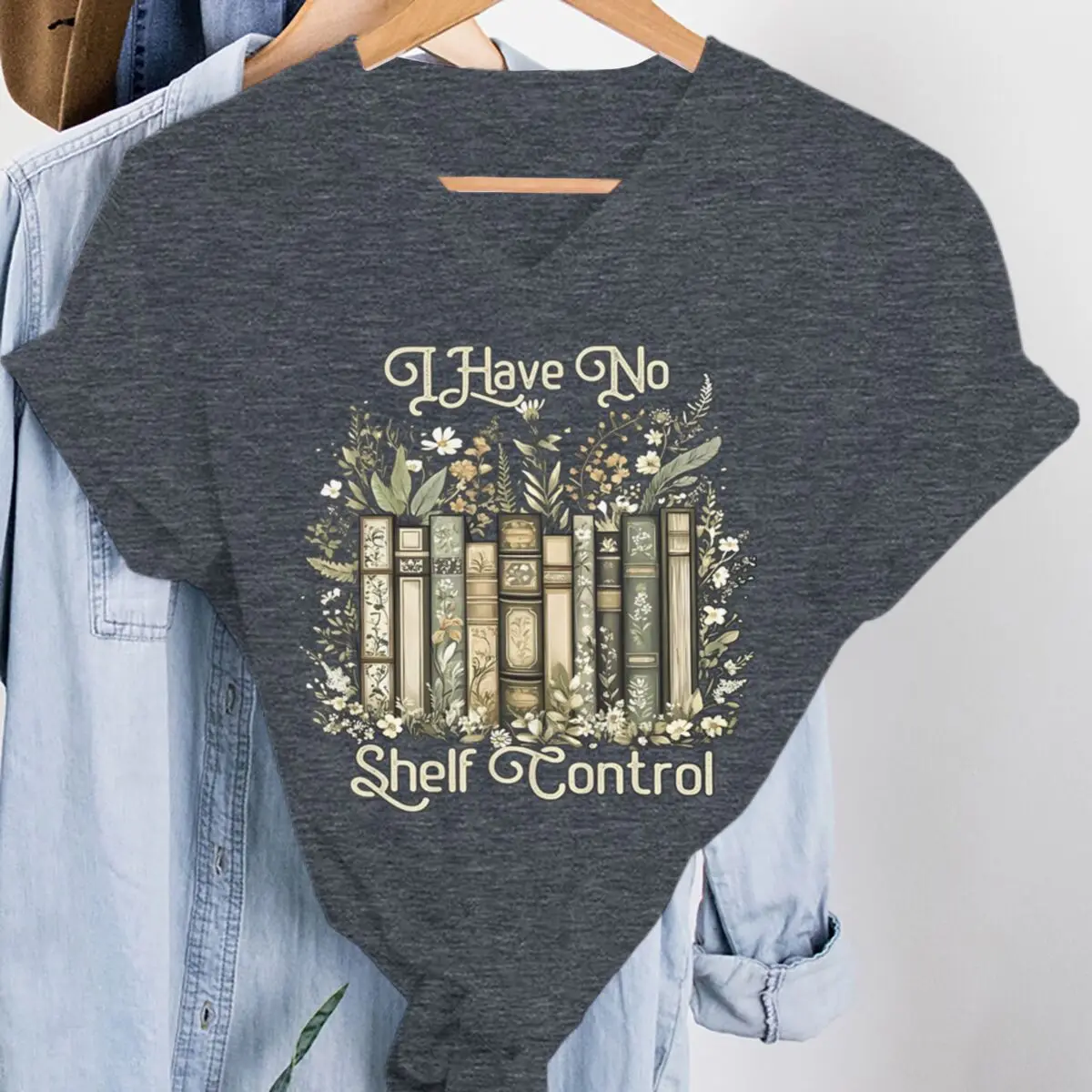 I Have No Shelf Control Print Bookworm Fun Theme V Neck Tshirt Women Men Vintage Read Lovers Gifts Streetwear