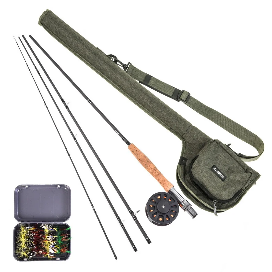 

9FT Carbon Fly Fishing Rod and Reel Combo with Carry Bag 20 Flies Complete Starter Package Fly Fishing Kit M/R 4 Section Pole