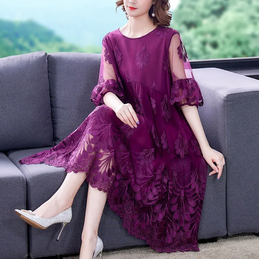 

Summer 2023 Women 3/4 Flare Sleeve Embroidery Orange Purple Long Dress , Woman Female 4xl 5xl High Waisted Sweet Dresses