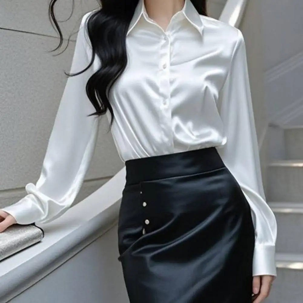 

Женская офисная блузка из гладкого атласа, однотонная, с длинным рукавом, отложным воротником, на одной пуговице, в французском стиле, повседневный топ
