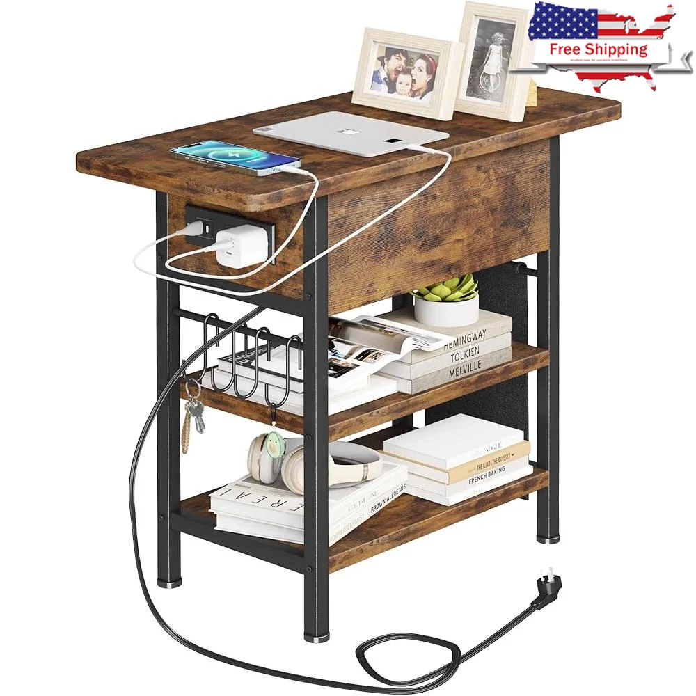 

End Table with Charging Station USB Ports and AC Outlets Flip Top Storage Organizer Pockets Side Hooks Living Room Bedroom