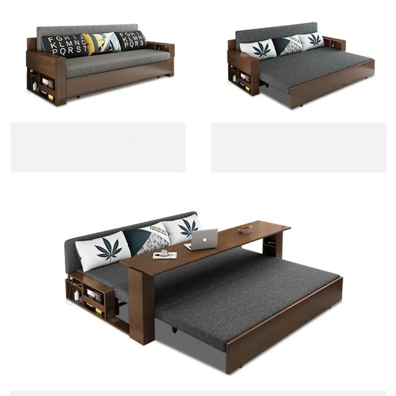 

Solid Wood Sofa Bed Small Apartment Multi-Functional Living Room Push-Pull Foldable Internet Celebrity Double Sofa Bed Dual-Use