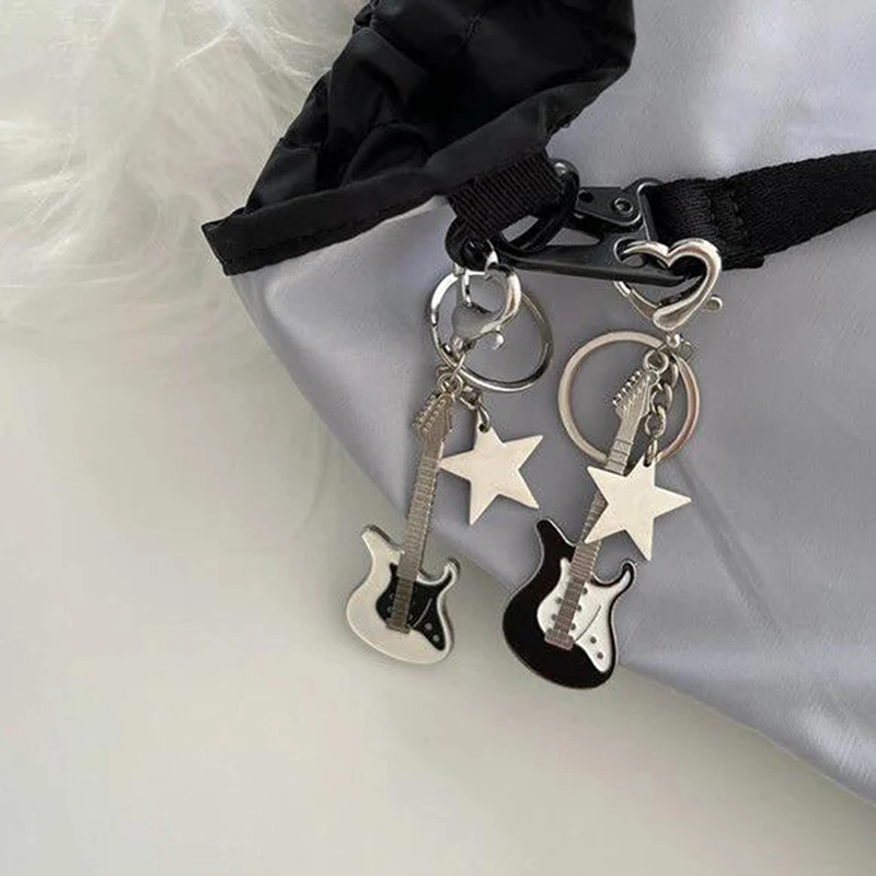 Guitar Love Heart Star Key Chain for Men Women Sweet Cool Trendy Fashion Pendant Keychain Rock Punk Vintage Accessories Gift