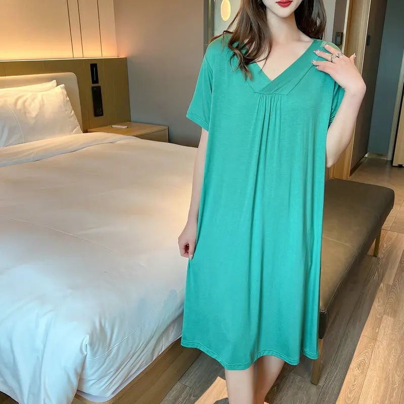 Summer women V-Neck dress Short sleeves Modal Bottoming dresses solid color Plus size sleepdress Loose and comfort nightdress