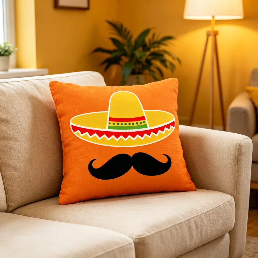 Mexican Sombrero Mustache Pillow Cover Orange Cinco de Mayo Cushion Case for Party Decor