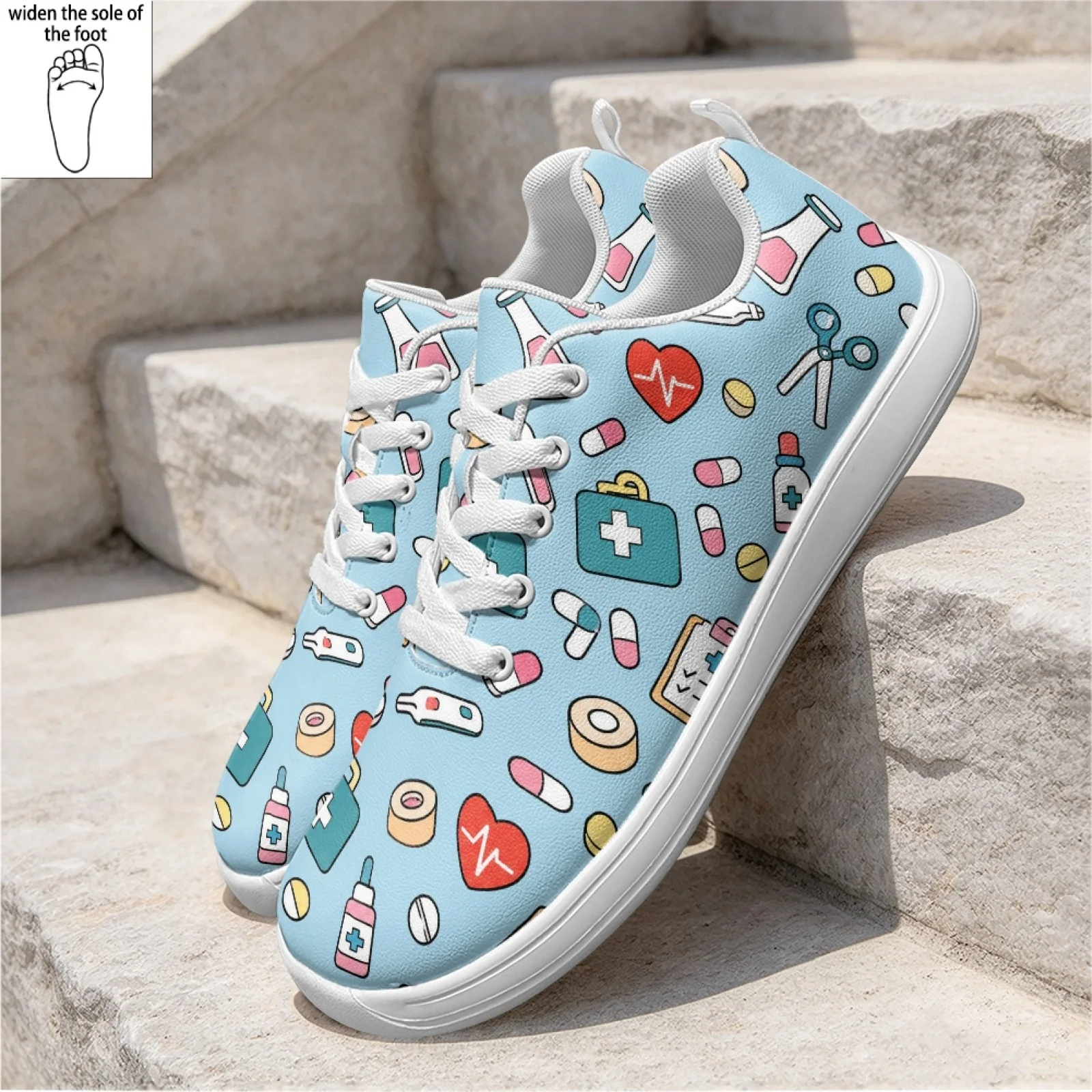 PENSTROLL Medical Icon Print Lace-Up Slip-Resistant Everyday Walking Shoes Nursing Shoes for Women Spring Standing