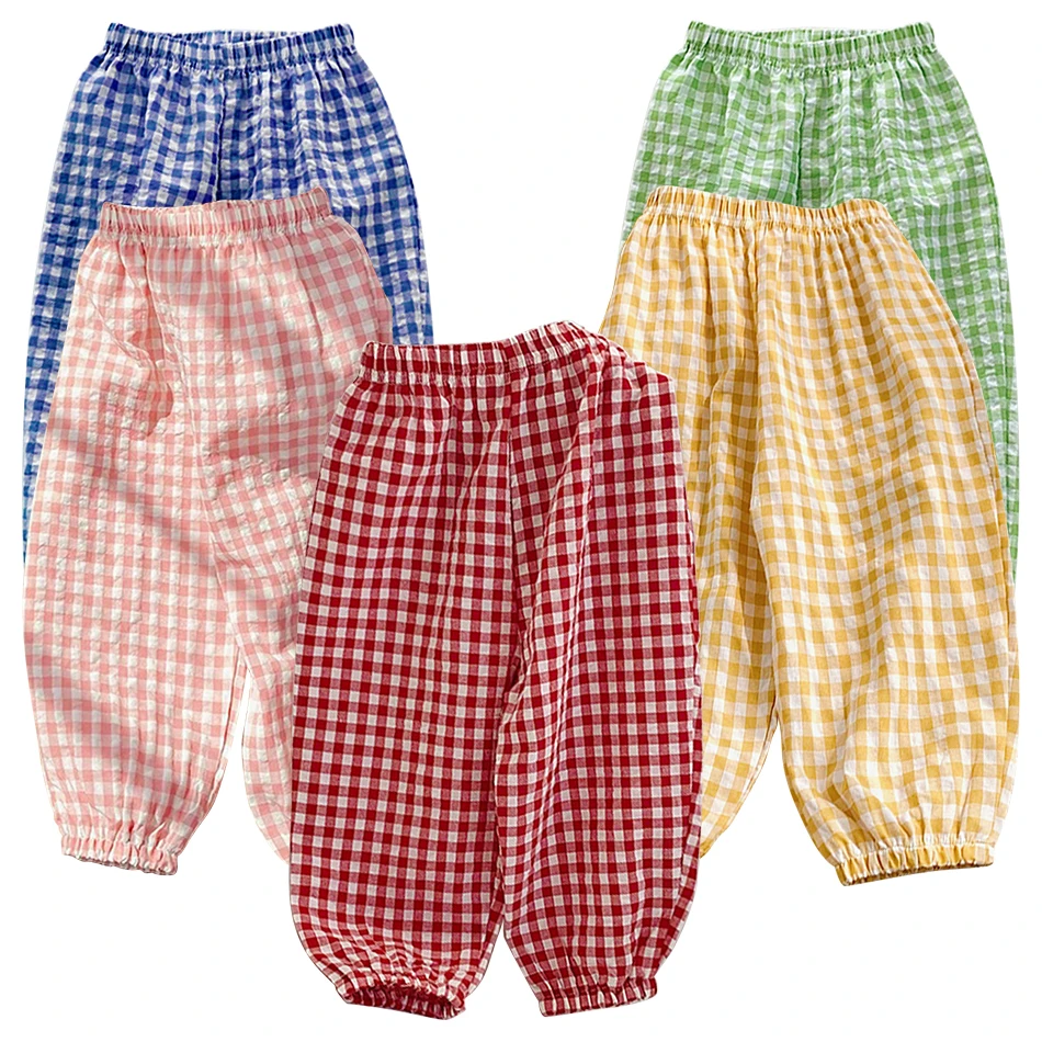 Comfort and Protection in Style Unisex Kids Gingham Cotton Gauze Anti-Mosquito Long Pants Ideal for Summer Activities Kids Pants