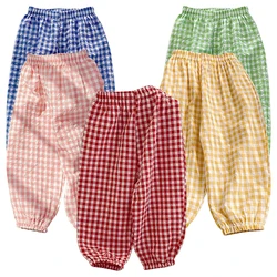 Comfort and Protection in Style Unisex Kids Gingham Cotton Gauze Anti-Mosquito Long Pants Ideal for Summer Activities Kids Pants