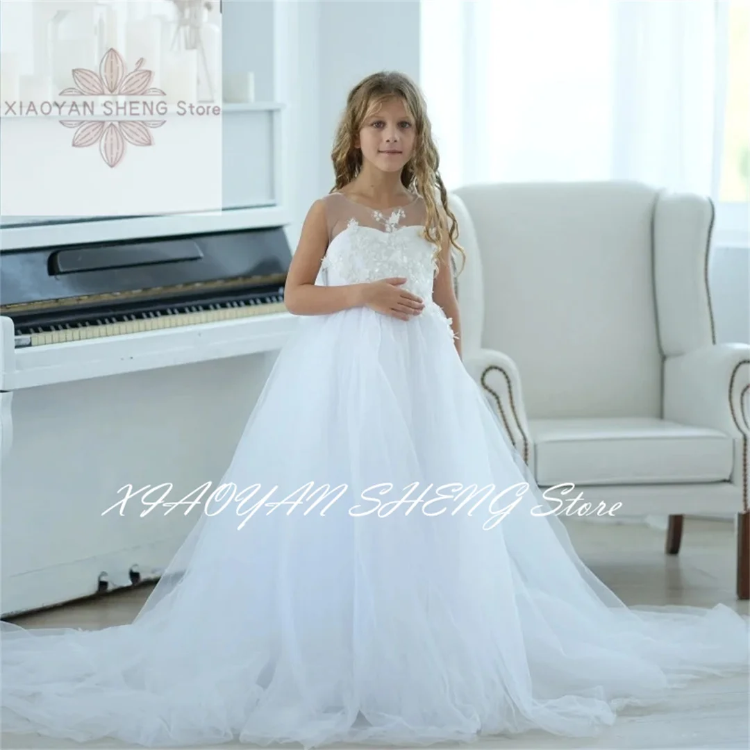 White Flower Girl Dresses Tulle Puffy Appliques With Bow Sleeveless For Wedding Birthday Party First Communion Gown