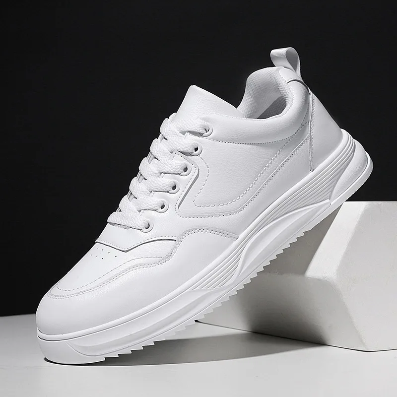 

Men White Leather Skate Sneakers Lace Up Thick Platform Casual Shoes Lightweight Non Slip Daily Walking Fashion Sports Footwear