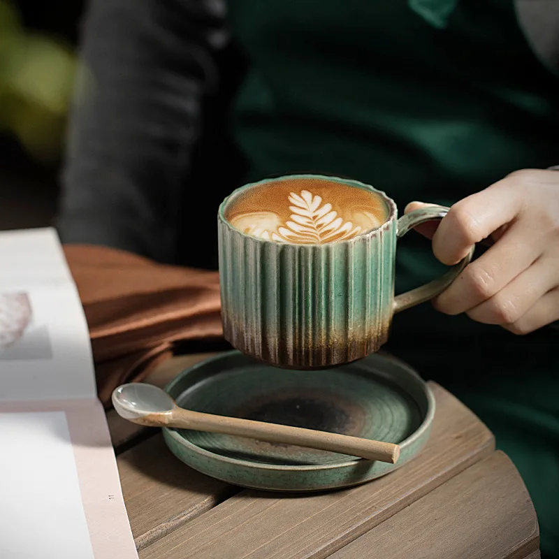 Coarse Pottery and Saucer Set Handmade Japanese Retro Art Ceramic Pour Over Coffee Water Cup - view 4