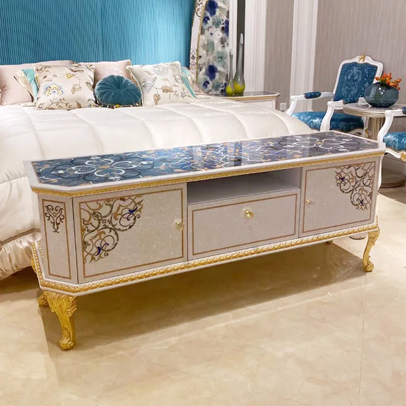 French peach blossom core wood carving flower TV cabinet wood leather inlaid shell floor cabinet